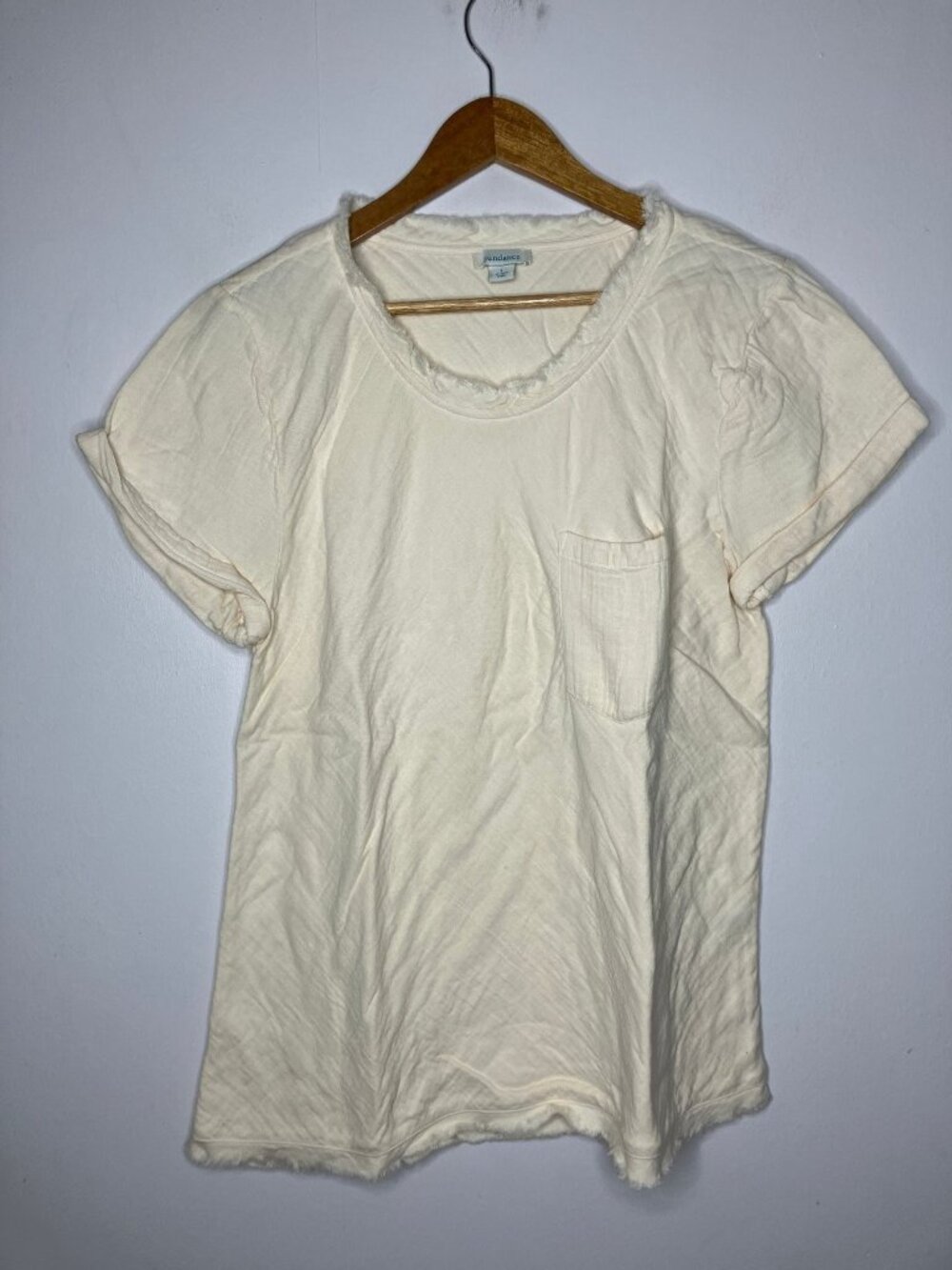 Sundance Womens L Cream Frayed Hem Neckline Short Sleeve Pocket Blouse Top Gauze